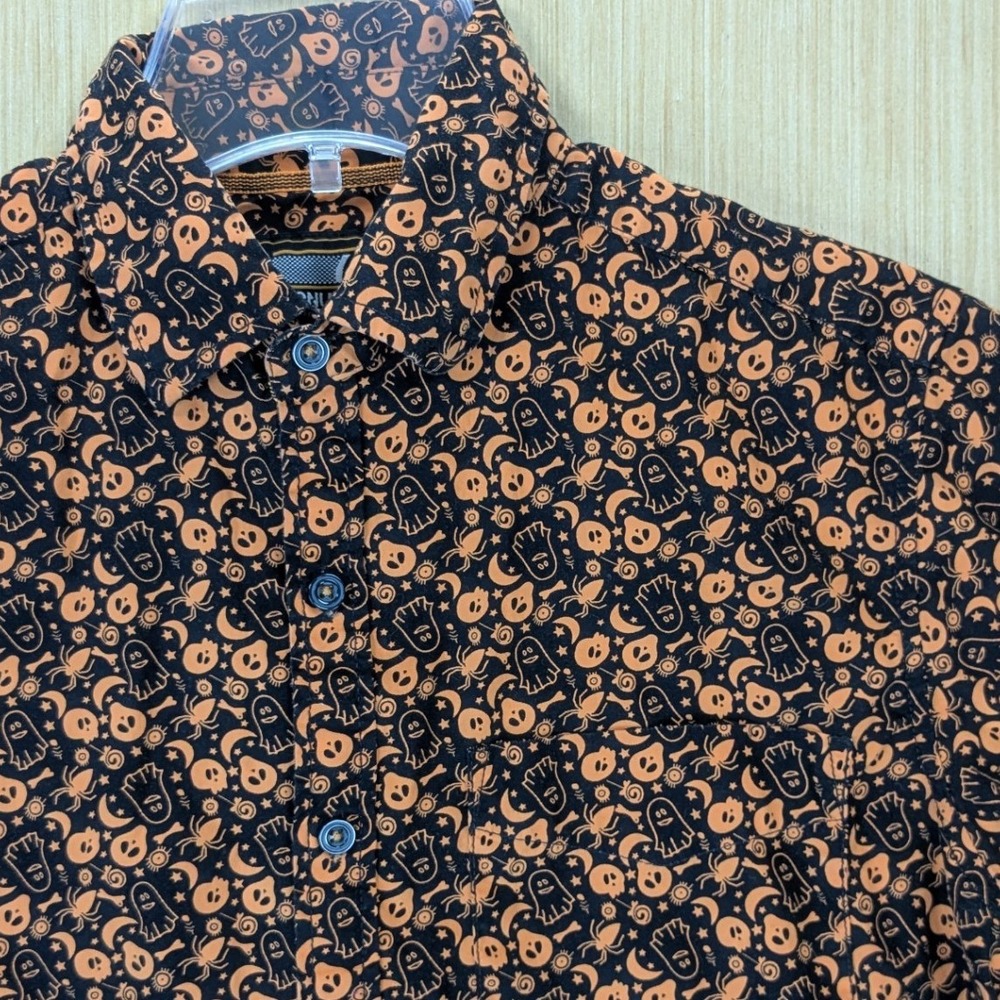 Monument Mens Halloween Ghost Skull Spider Print Cotton Button Down Shirt Small
